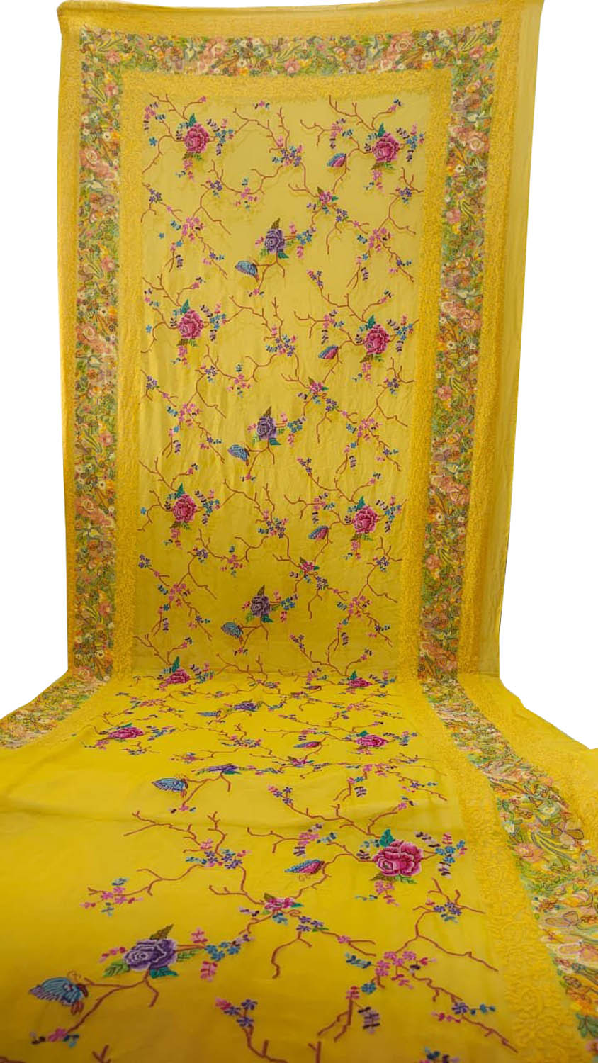 Yellow Pure Georgette Parsi Hand Embroidered Flower Design Saree - Luxurion World
