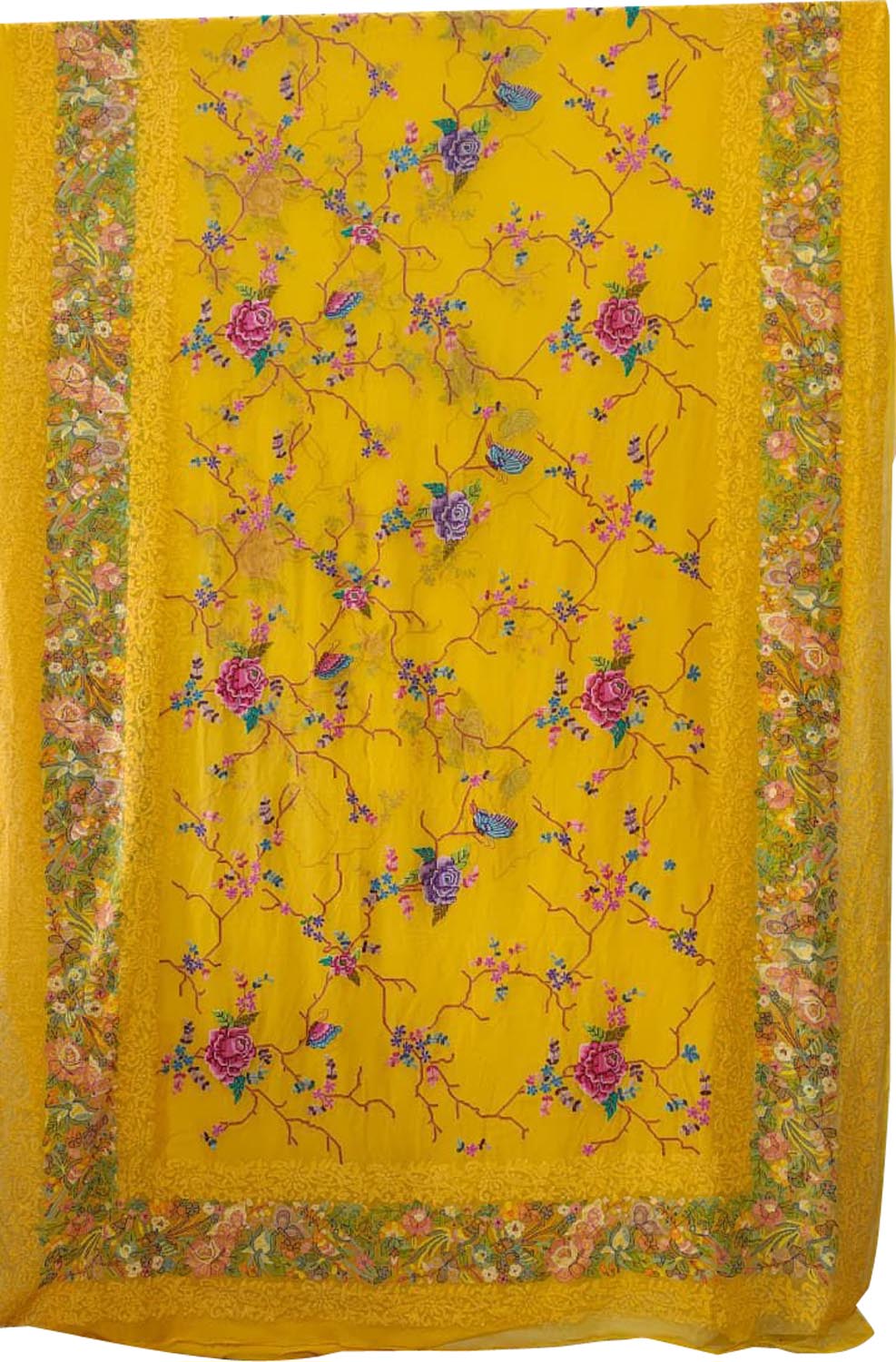 Yellow Pure Georgette Parsi Hand Embroidered Flower Design Saree - Luxurion World