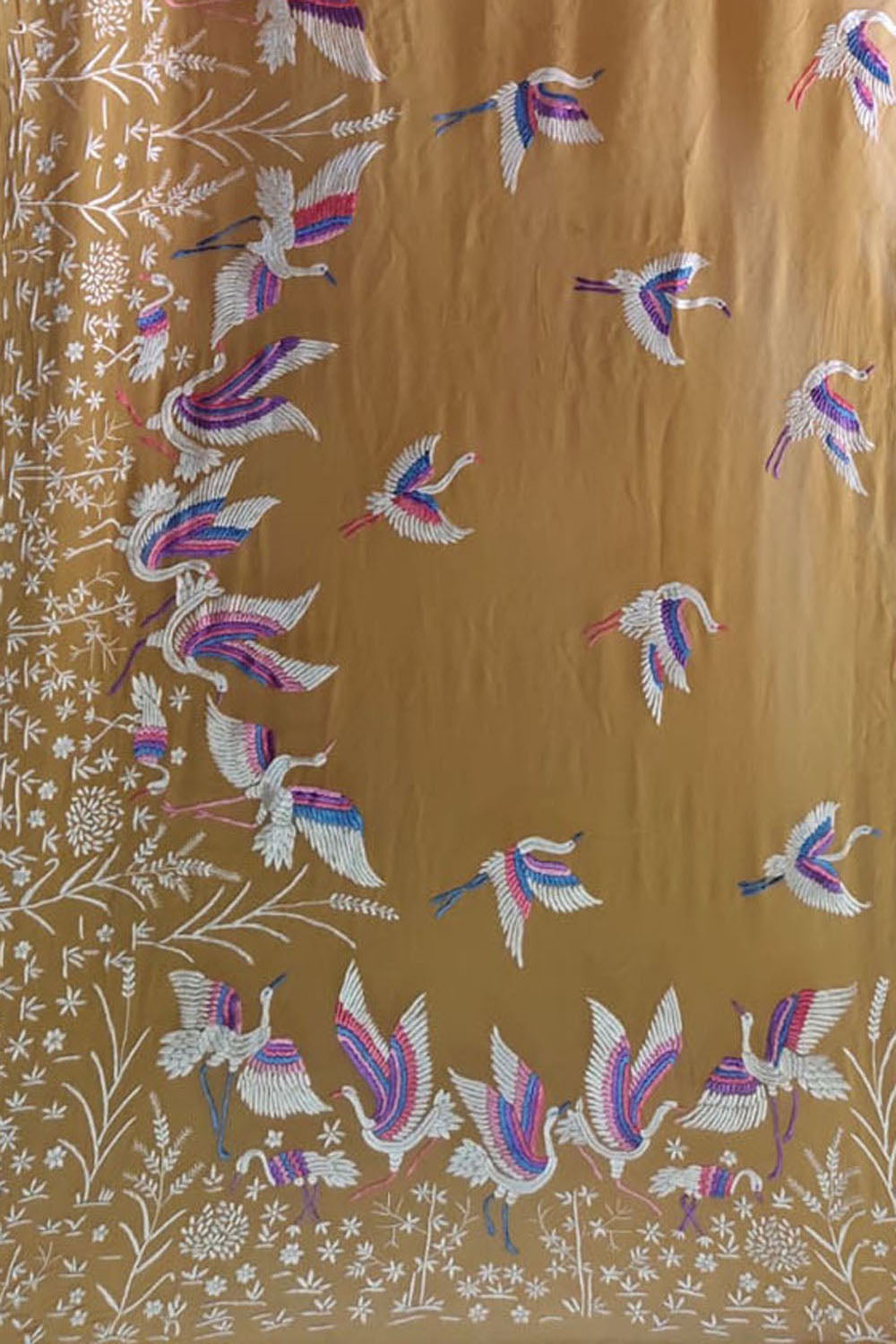 Yellow Pure Georgette Parsi Hand Embroidered Flower And Bird Design Saree - Luxurion World