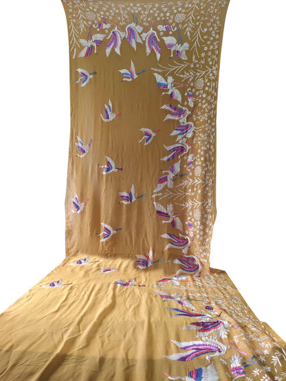 Yellow Pure Georgette Parsi Hand Embroidered Flower And Bird Design Saree - Luxurion World