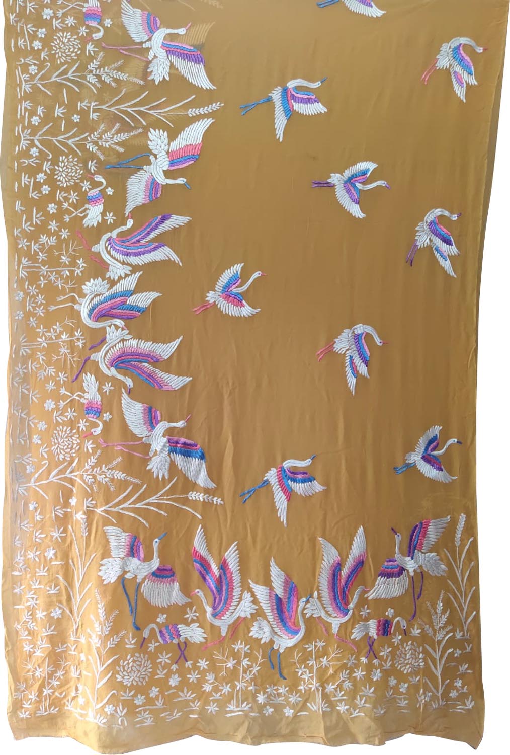 Yellow Pure Georgette Parsi Hand Embroidered Flower And Bird Design Saree - Luxurion World