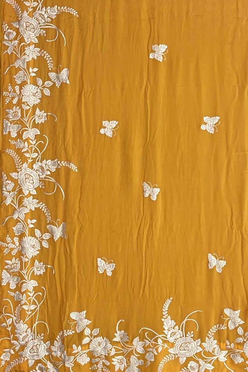 Yellow Pure Georgette Parsi Hand Embroidered Flower Design Saree - Luxurion World