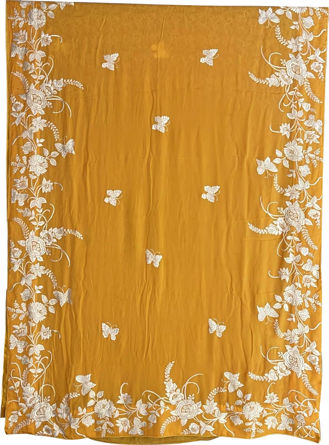 Yellow Pure Georgette Parsi Hand Embroidered Flower Design Saree - Luxurion World