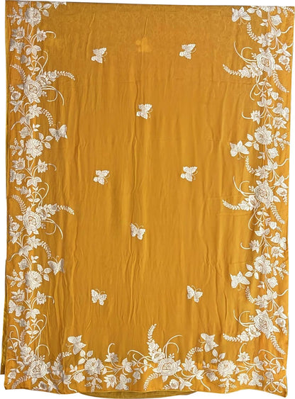 Yellow Pure Georgette Parsi Hand Embroidered Flower Design Saree - Luxurion World
