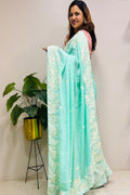 Blue Parsi Gara Hand Embroidered Pure Crepe Flower Design Saree - Luxurion World