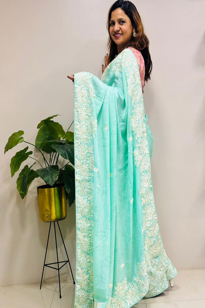 Blue Parsi Gara Hand Embroidered Pure Crepe Flower Design Saree - Luxurion World