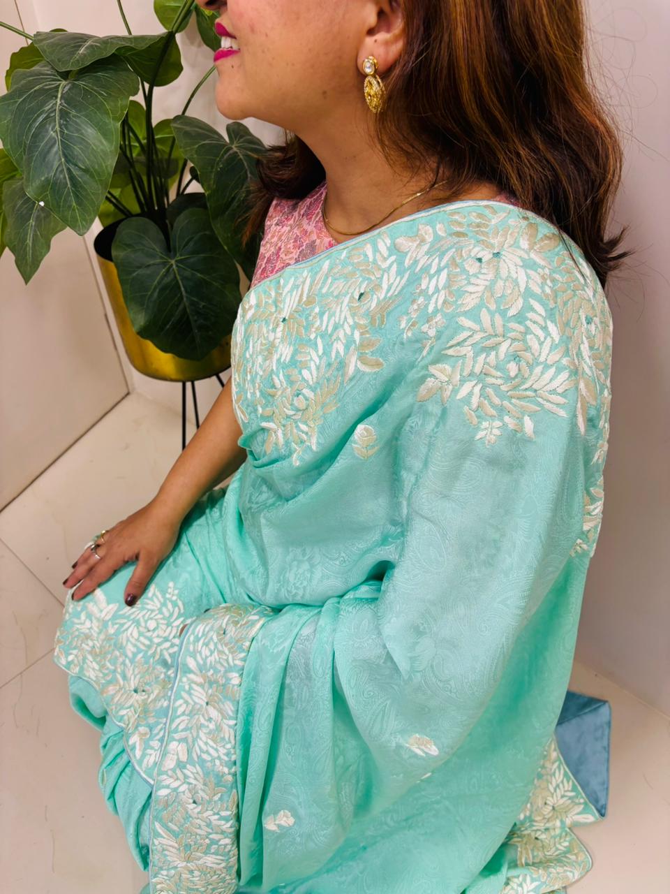 Blue Parsi Gara Hand Embroidered Pure Crepe Flower Design Saree - Luxurion World