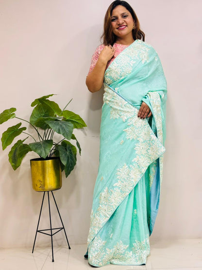 Blue Parsi Gara Hand Embroidered Pure Crepe Flower Design Saree - Luxurion World