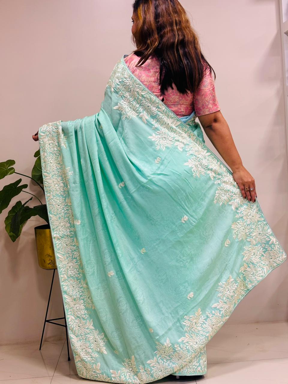 Blue Parsi Gara Hand Embroidered Pure Crepe Flower Design Saree - Luxurion World