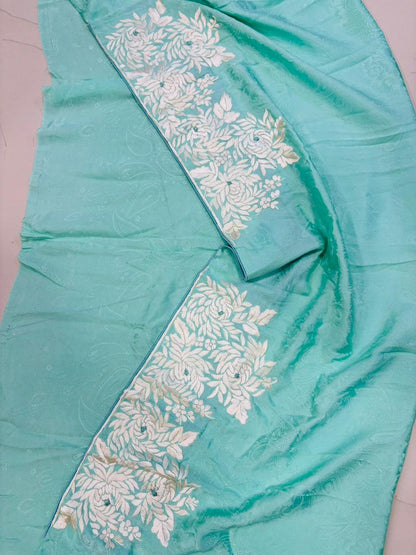 Blue Parsi Gara Hand Embroidered Pure Crepe Flower Design Saree - Luxurion World