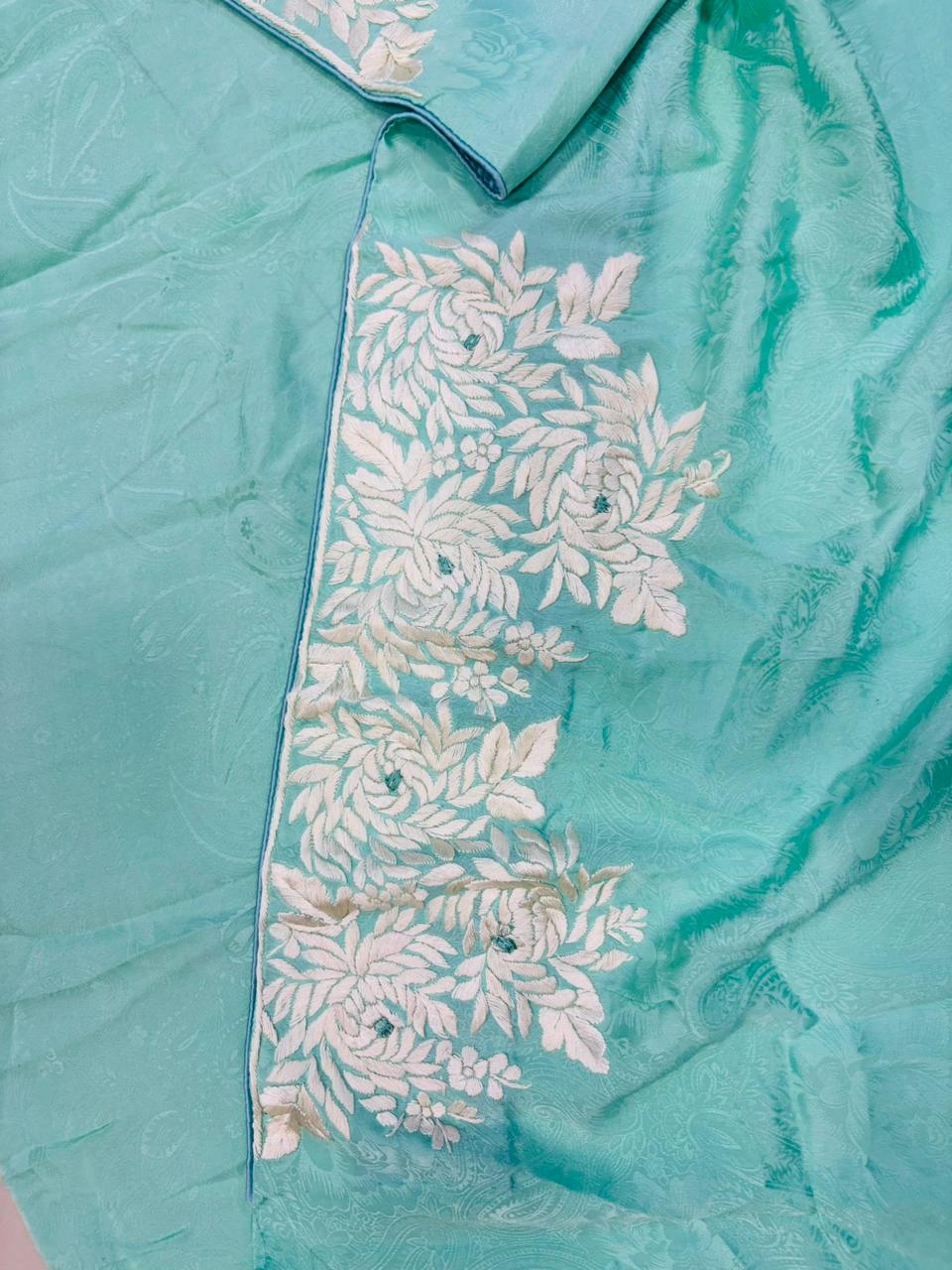 Blue Parsi Gara Hand Embroidered Pure Crepe Flower Design Saree - Luxurion World