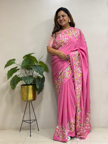 Pink Parsi Gara Hand Embroidered Pure Crepe Flower Design Saree - Luxurion World