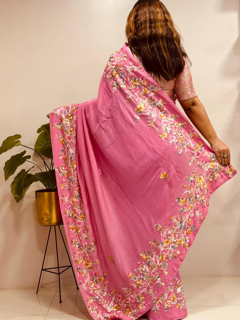 Pink Parsi Gara Hand Embroidered Pure Crepe Flower Design Saree - Luxurion World