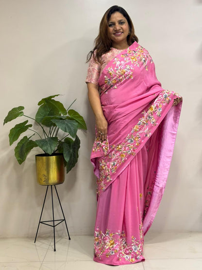 Pink Parsi Gara Hand Embroidered Pure Crepe Flower Design Saree - Luxurion World