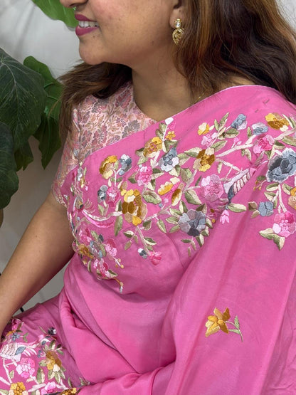 Pink Parsi Gara Hand Embroidered Pure Crepe Flower Design Saree - Luxurion World