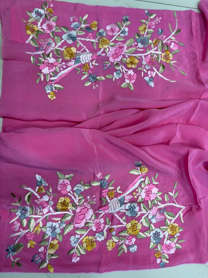 Pink Parsi Gara Hand Embroidered Pure Crepe Flower Design Saree - Luxurion World