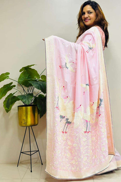 Pink Parsi Gara Hand Embroidered Pure Crepe Flower And Bird Design Saree - Luxurion World