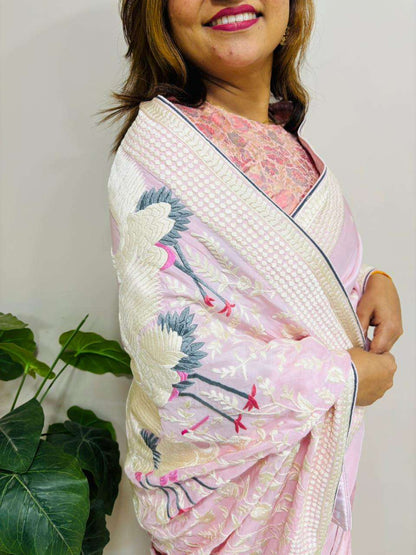 Pink Parsi Gara Hand Embroidered Pure Crepe Flower And Bird Design Saree - Luxurion World