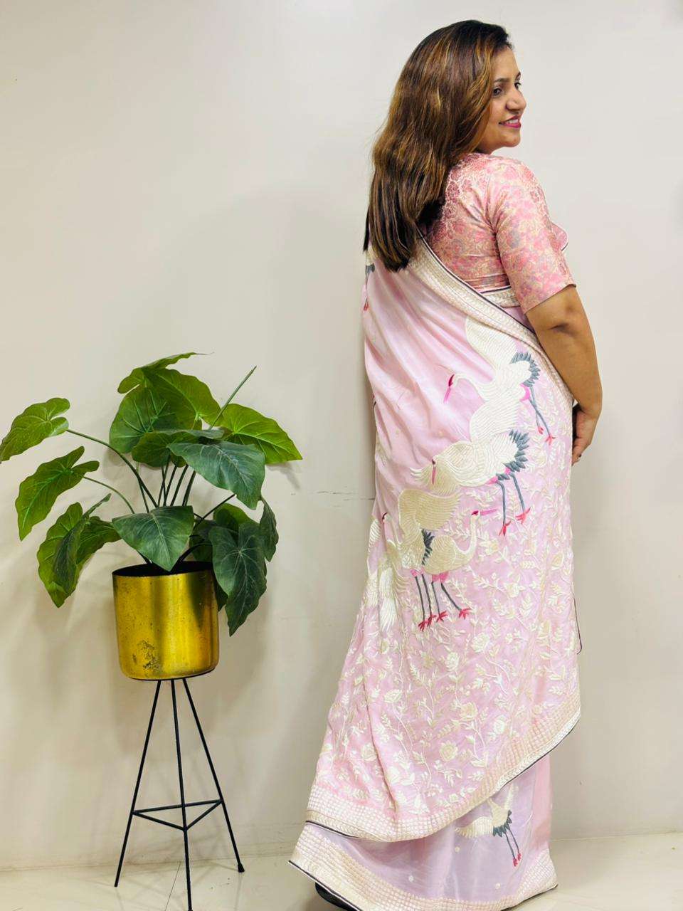 Pink Parsi Gara Hand Embroidered Pure Crepe Flower And Bird Design Saree - Luxurion World