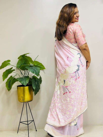 Pink Parsi Gara Hand Embroidered Pure Crepe Flower And Bird Design Saree - Luxurion World