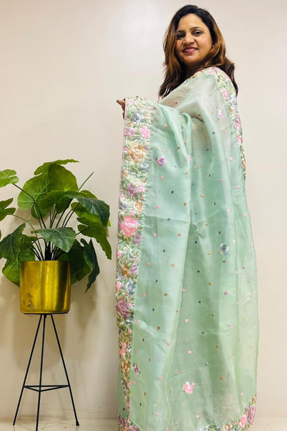 Exquisite Green Parsi Gara Hand Embroidered Pure Organza Flower Design Saree - Luxurion World