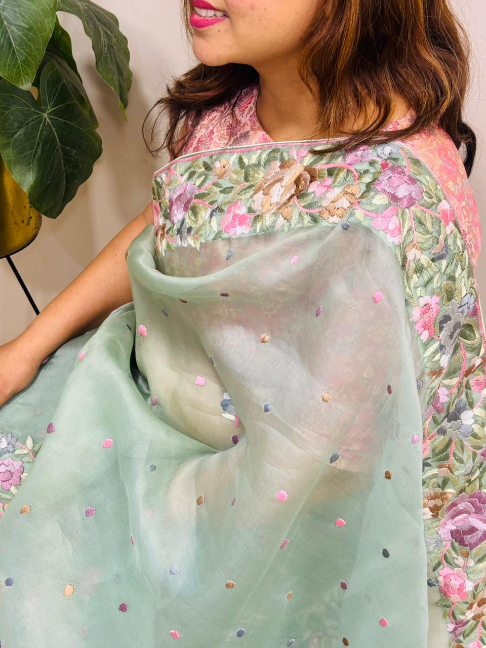 Exquisite Green Parsi Gara Hand Embroidered Pure Organza Flower Design Saree - Luxurion World