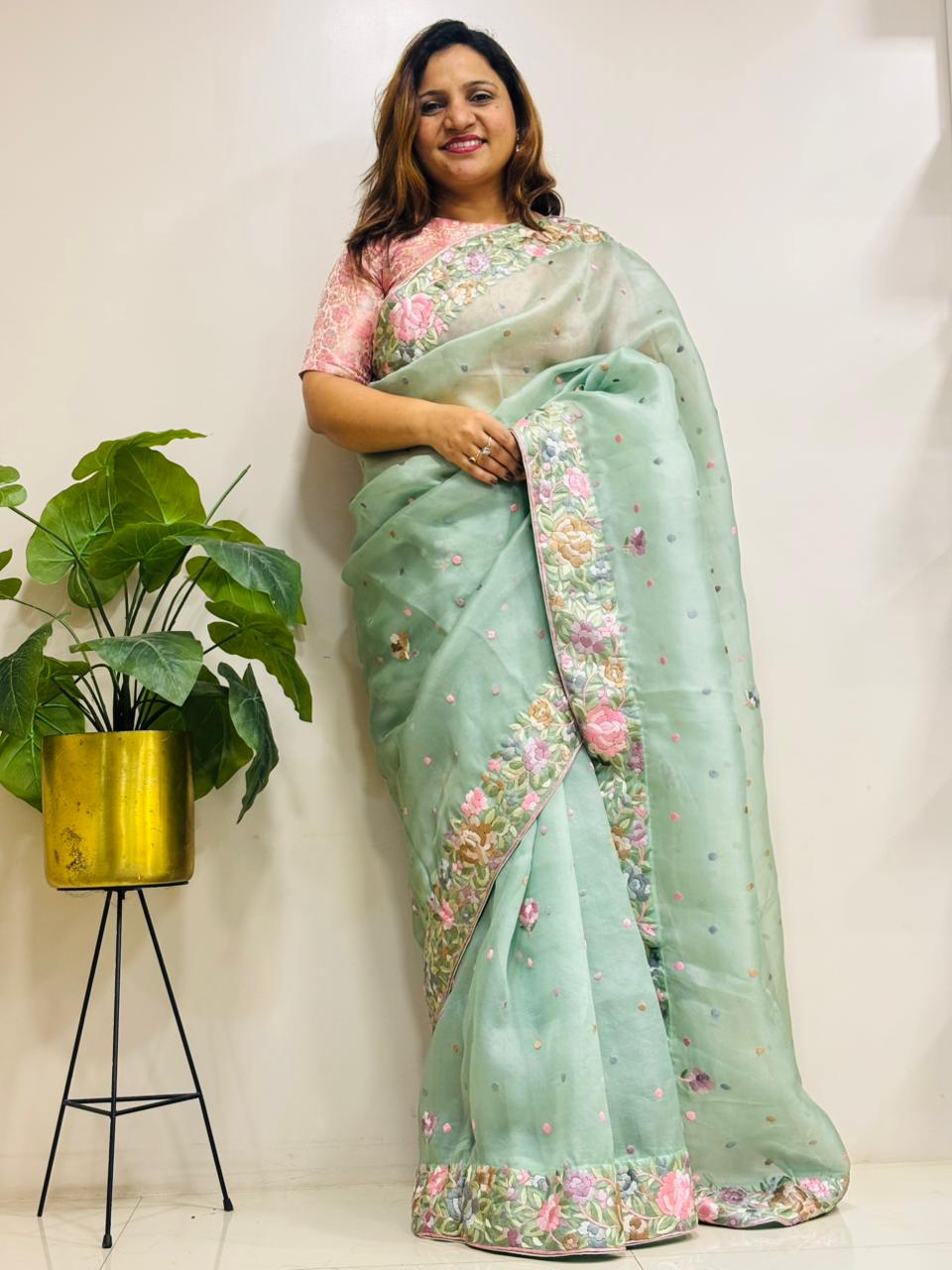 Exquisite Green Parsi Gara Hand Embroidered Pure Organza Flower Design Saree - Luxurion World