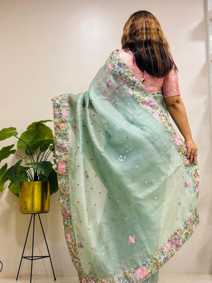 Exquisite Green Parsi Gara Hand Embroidered Pure Organza Flower Design Saree - Luxurion World