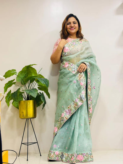 Exquisite Green Parsi Gara Hand Embroidered Pure Organza Flower Design Saree - Luxurion World
