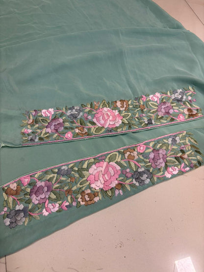 Exquisite Green Parsi Gara Hand Embroidered Pure Organza Flower Design Saree - Luxurion World