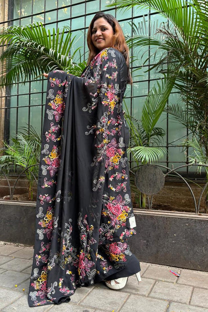 Exquisite Black Parsi Gara Hand Embroidered Pure Georgette Flower Design Shadow Work Saree - Luxurion World
