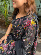 Exquisite Black Parsi Gara Hand Embroidered Pure Georgette Flower Design Shadow Work Saree - Luxurion World