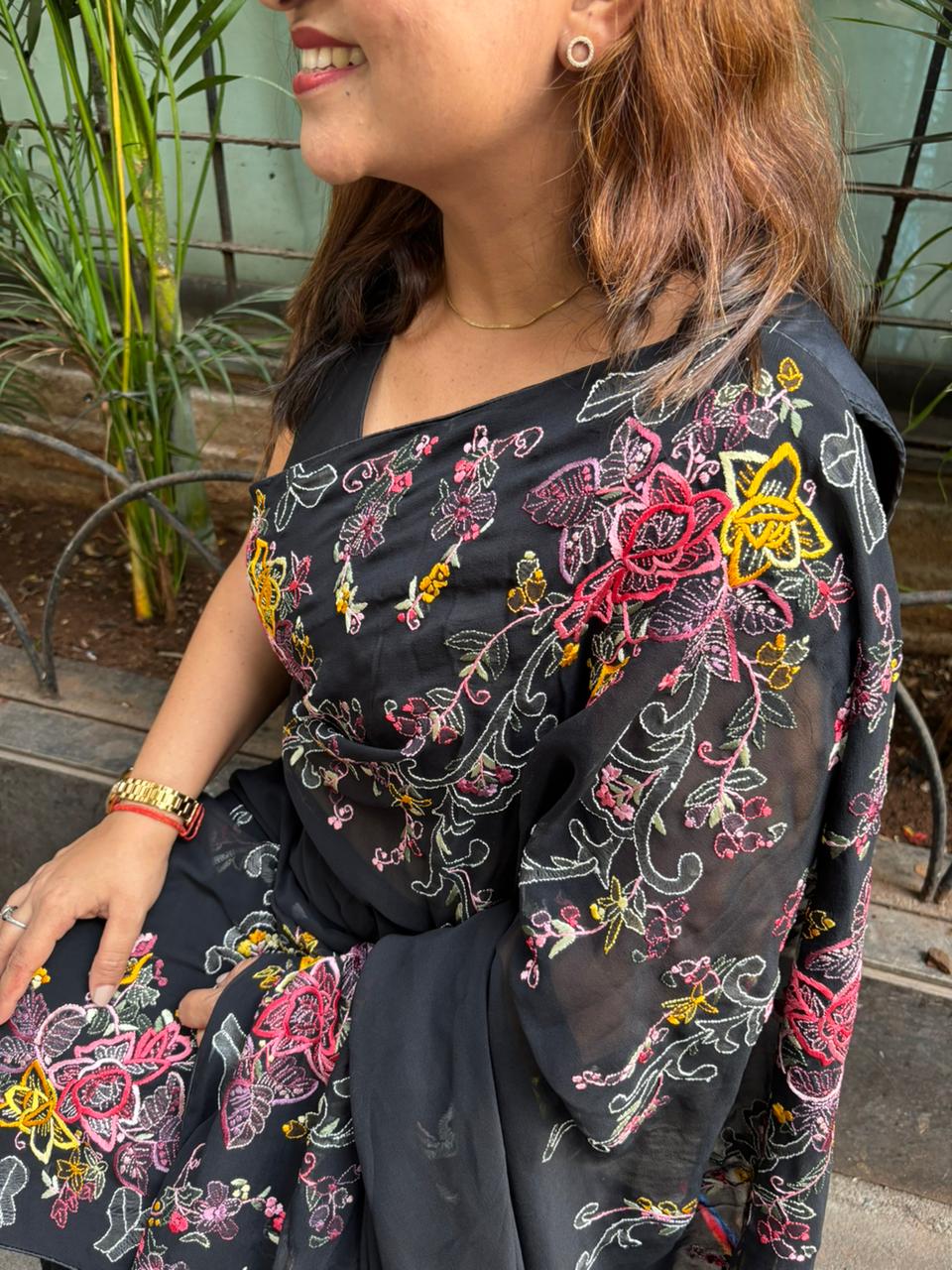 Exquisite Black Parsi Gara Hand Embroidered Pure Georgette Flower Design Shadow Work Saree - Luxurion World