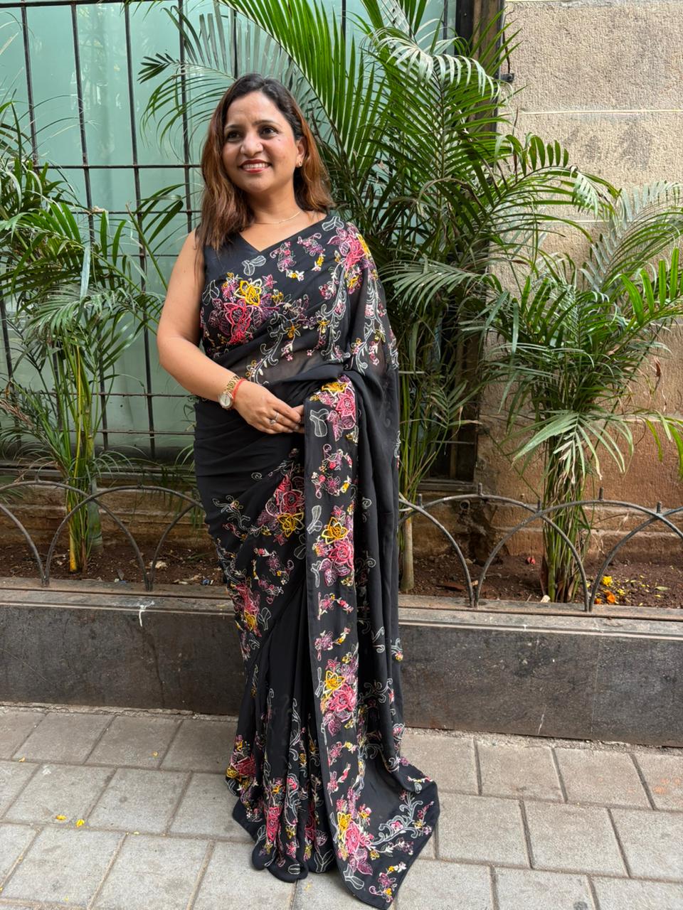 Exquisite Black Parsi Gara Hand Embroidered Pure Georgette Flower Design Shadow Work Saree - Luxurion World