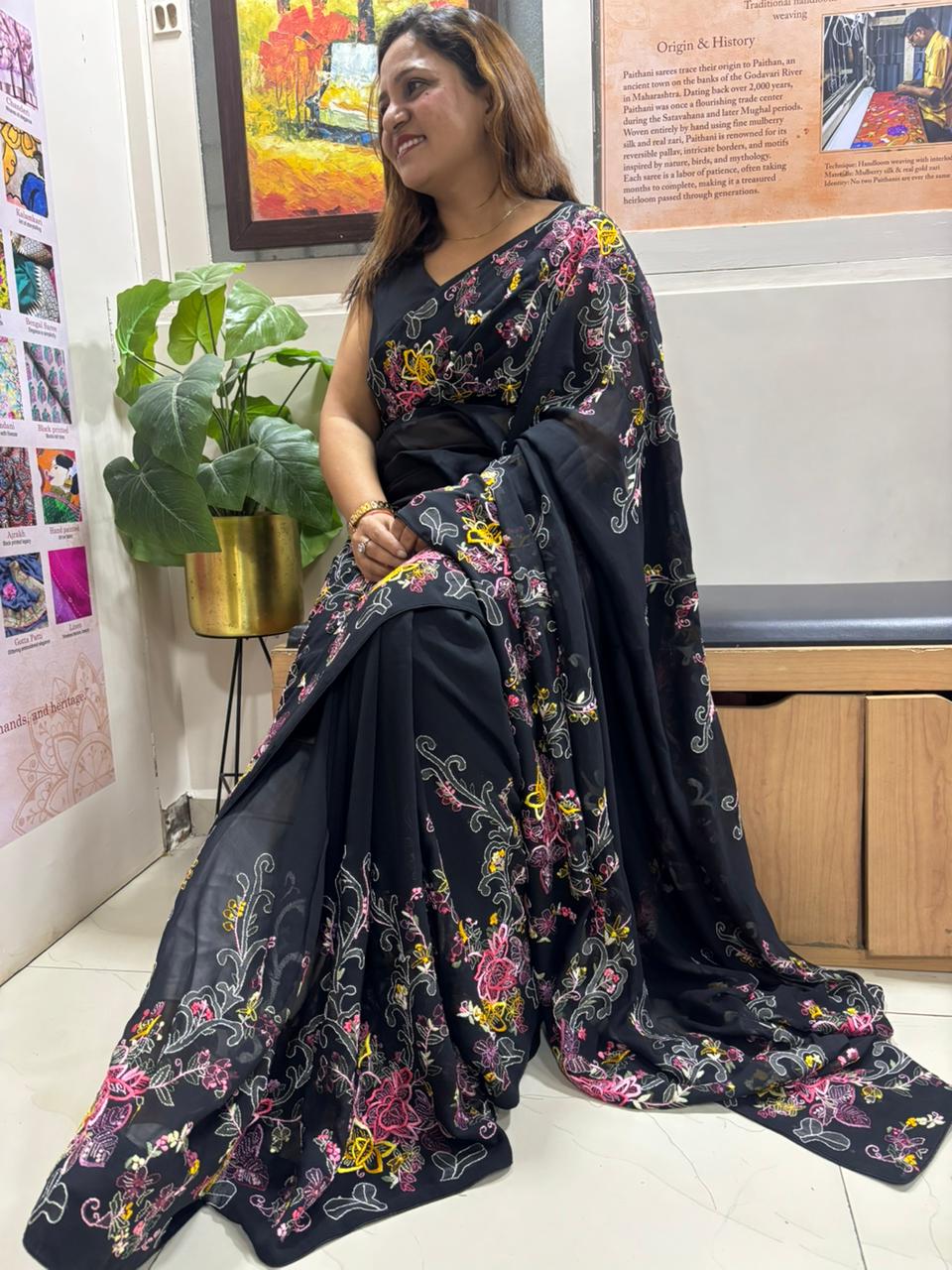 Exquisite Black Parsi Gara Hand Embroidered Pure Georgette Flower Design Shadow Work Saree - Luxurion World