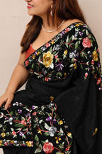 Black Hand Embroidered Parsi Gara Crepe Mukaish Work Flower Design Saree - Luxurion World