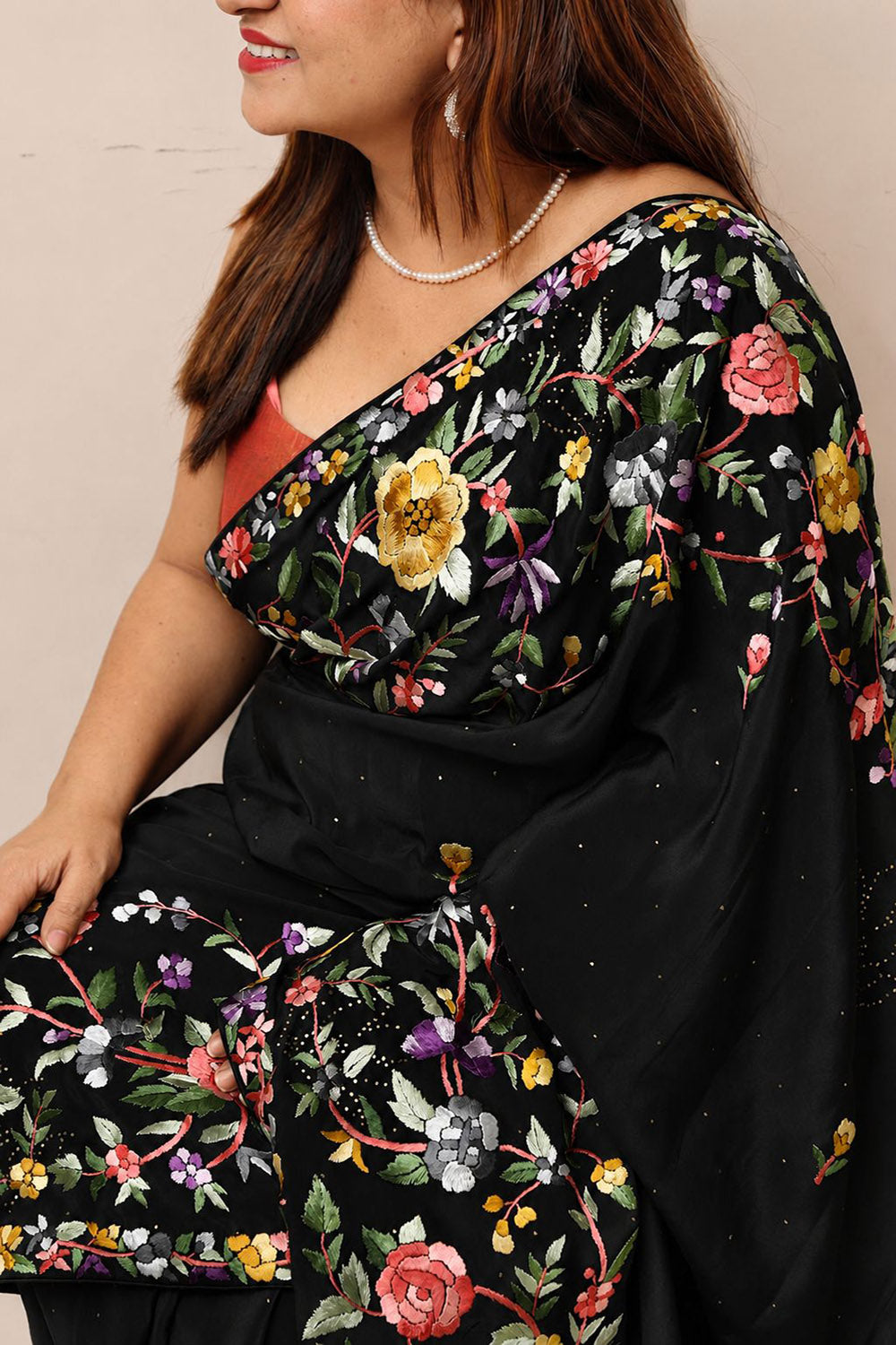 Black Hand Embroidered Parsi Gara Crepe Mukaish Work Flower Design Saree - Luxurion World