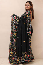 Black Hand Embroidered Parsi Gara Crepe Mukaish Work Flower Design Saree - Luxurion World