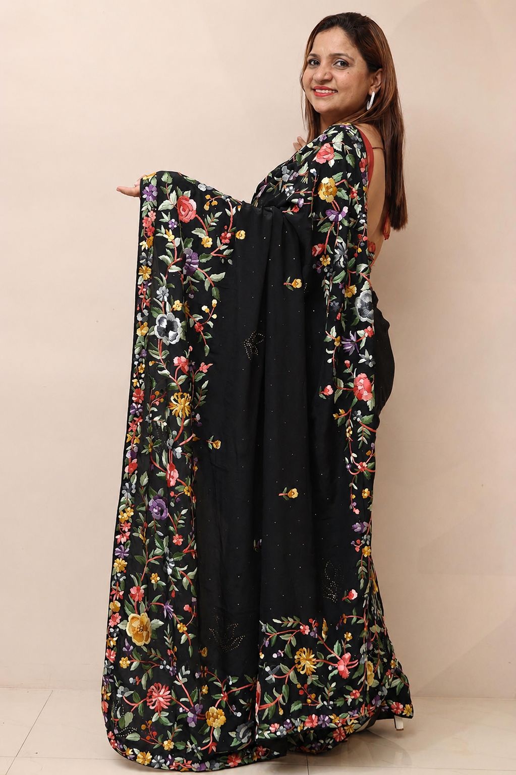 Black Hand Embroidered Parsi Gara Crepe Mukaish Work Flower Design Saree - Luxurion World