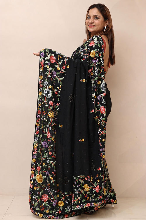Black Hand Embroidered Parsi Gara Crepe Mukaish Work Flower Design Saree - Luxurion World