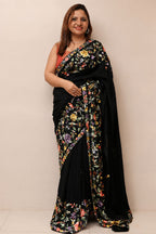 Black Hand Embroidered Parsi Gara Crepe Mukaish Work Flower Design Saree - Luxurion World