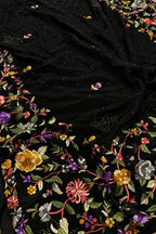 Black Hand Embroidered Parsi Gara Crepe Mukaish Work Flower Design Saree - Luxurion World