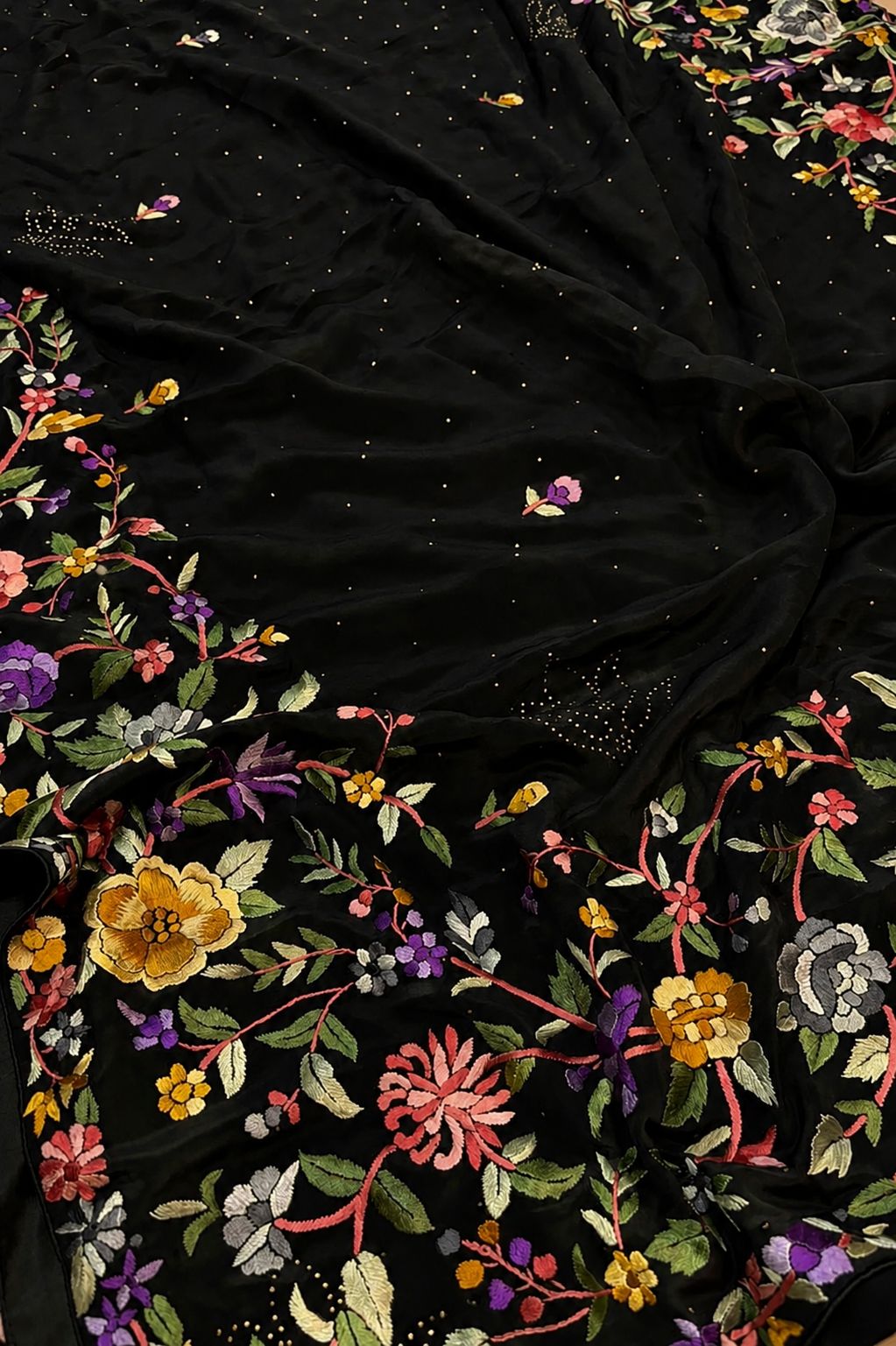 Black Hand Embroidered Parsi Gara Crepe Mukaish Work Flower Design Saree - Luxurion World