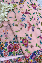 Peach Pink Hand Embroidered Parsi Gara Georgette Petit Point Flower and Bird Design Saree