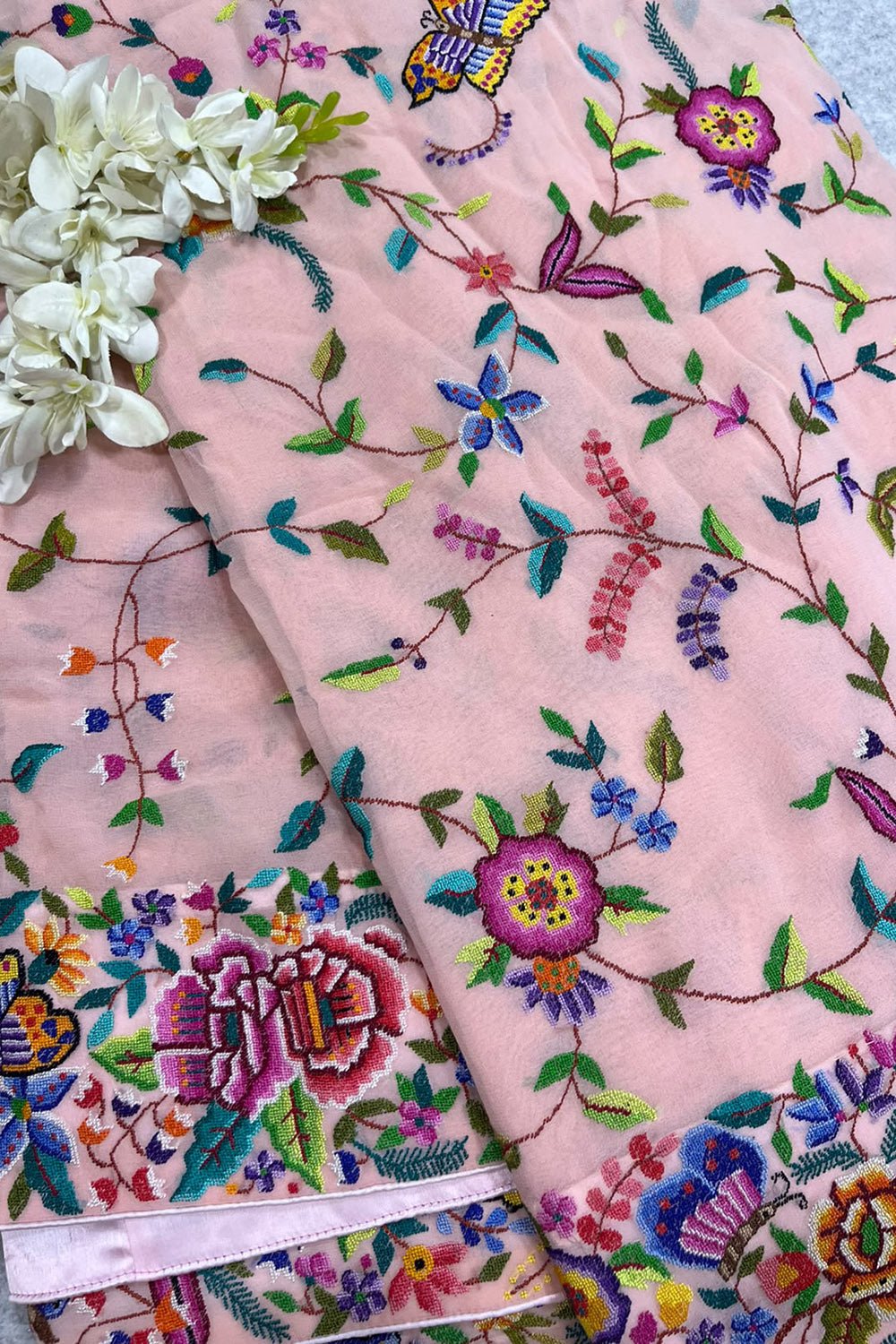Peach Pink Hand Embroidered Parsi Gara Georgette Petit Point Flower and Bird Design Saree