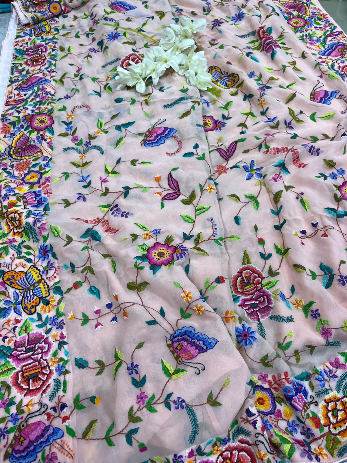 Peach Pink Hand Embroidered Parsi Gara Georgette Petit Point Flower and Bird Design Saree