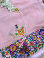 Peach Pink Hand Embroidered Parsi Gara Georgette Petit Point Flower and Bird Design Saree