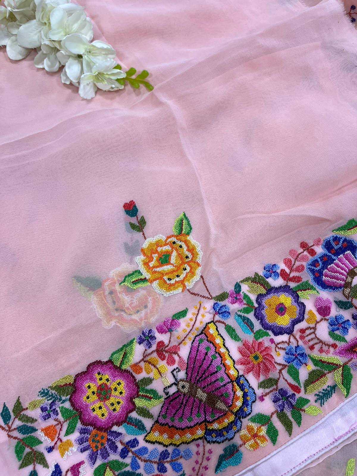 Peach Pink Hand Embroidered Parsi Gara Georgette Petit Point Flower and Bird Design Saree
