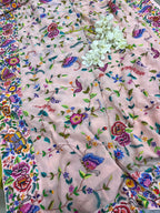 Peach Pink Hand Embroidered Parsi Gara Georgette Petit Point Flower and Bird Design Saree