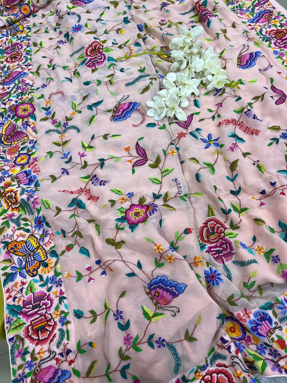 Peach Pink Hand Embroidered Parsi Gara Georgette Petit Point Flower and Bird Design Saree